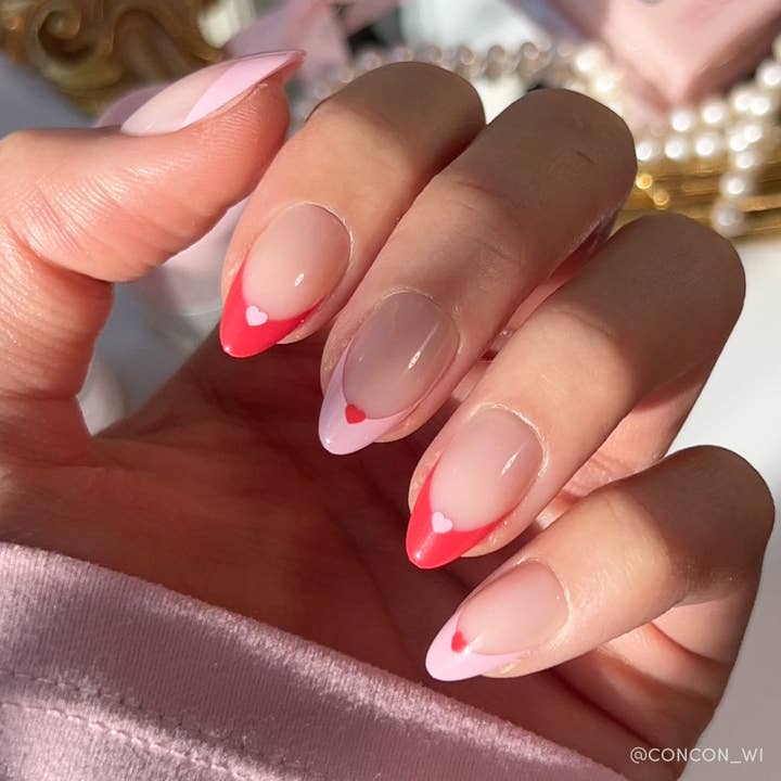 Pure Hearted Press-On Nails | Short Almond | Pink Red Hearts for wholesale by Glamnetic