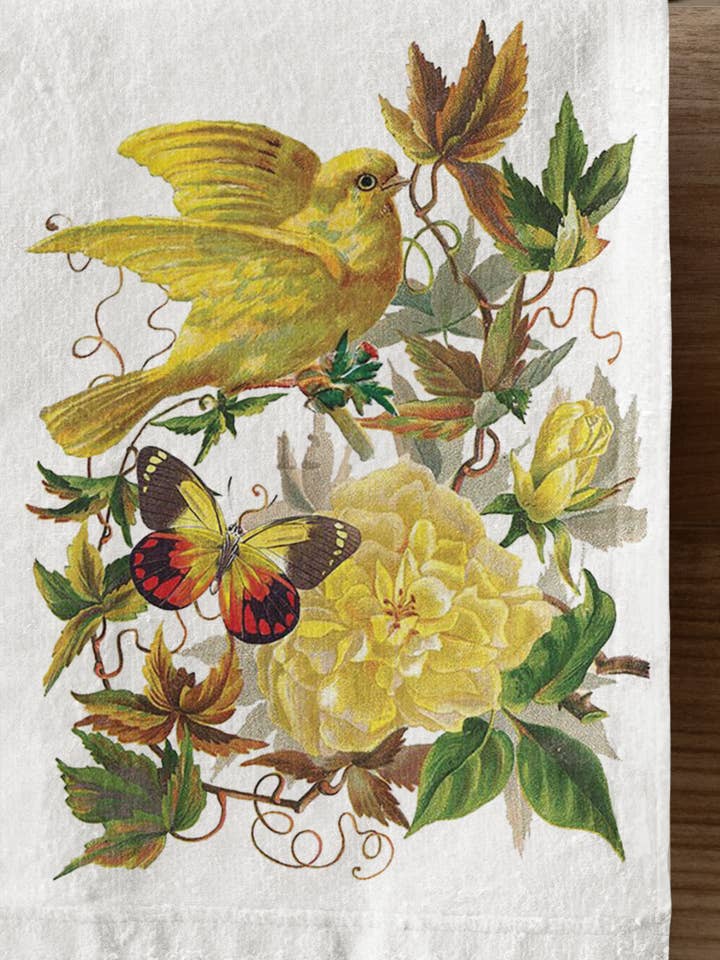 Yellow Canary and Roses Organic Retro Kitchen Towel for wholesale by Acme. Baby Co. LLC