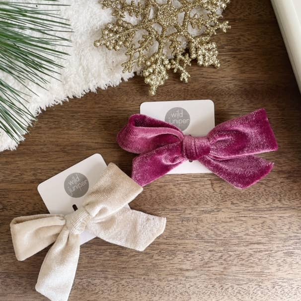 Holiday Hair Bow Clip Set - Velvet Bows - Mauve and Oatmeal for wholesale by Wild Juniper