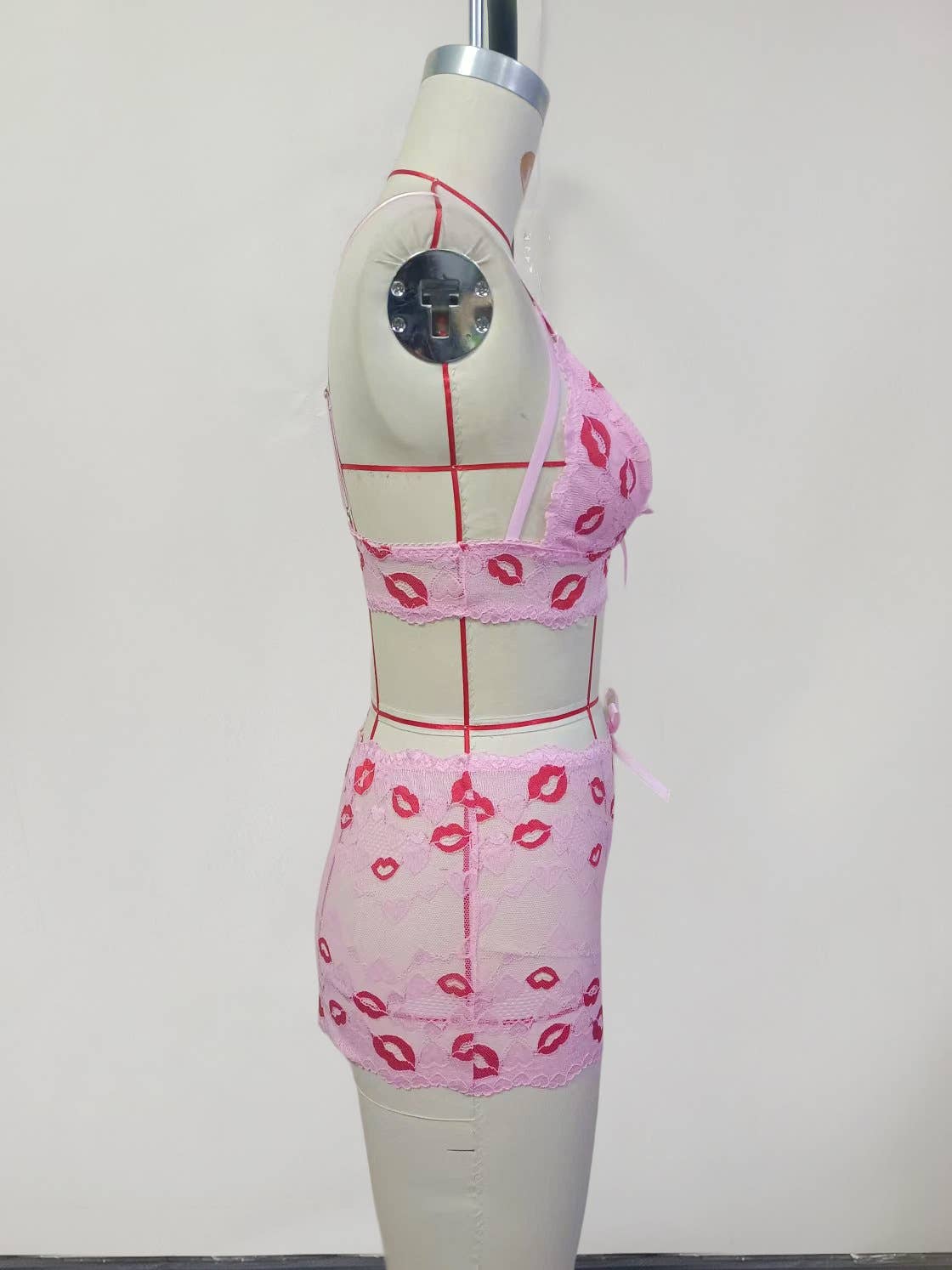 Pink Sexy Red Lip Bow Bra Two-Piece Set for wholesale on Faire4