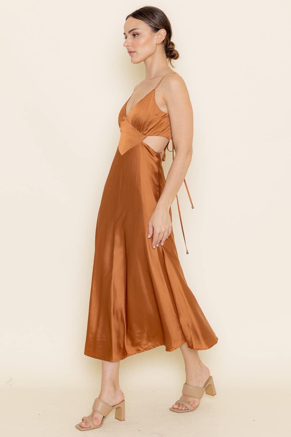 BROWN CUT OUT LACE UP BACK SATIN SLIP ANKLE LENGTH DRESS-DI6177FO for wholesale on Faire