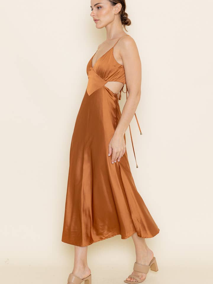 CUT OUT LACE UP BACK SATIN SLIP ANKLE LENGTH DRESS-DI6177FO for wholesale by Fore Collection