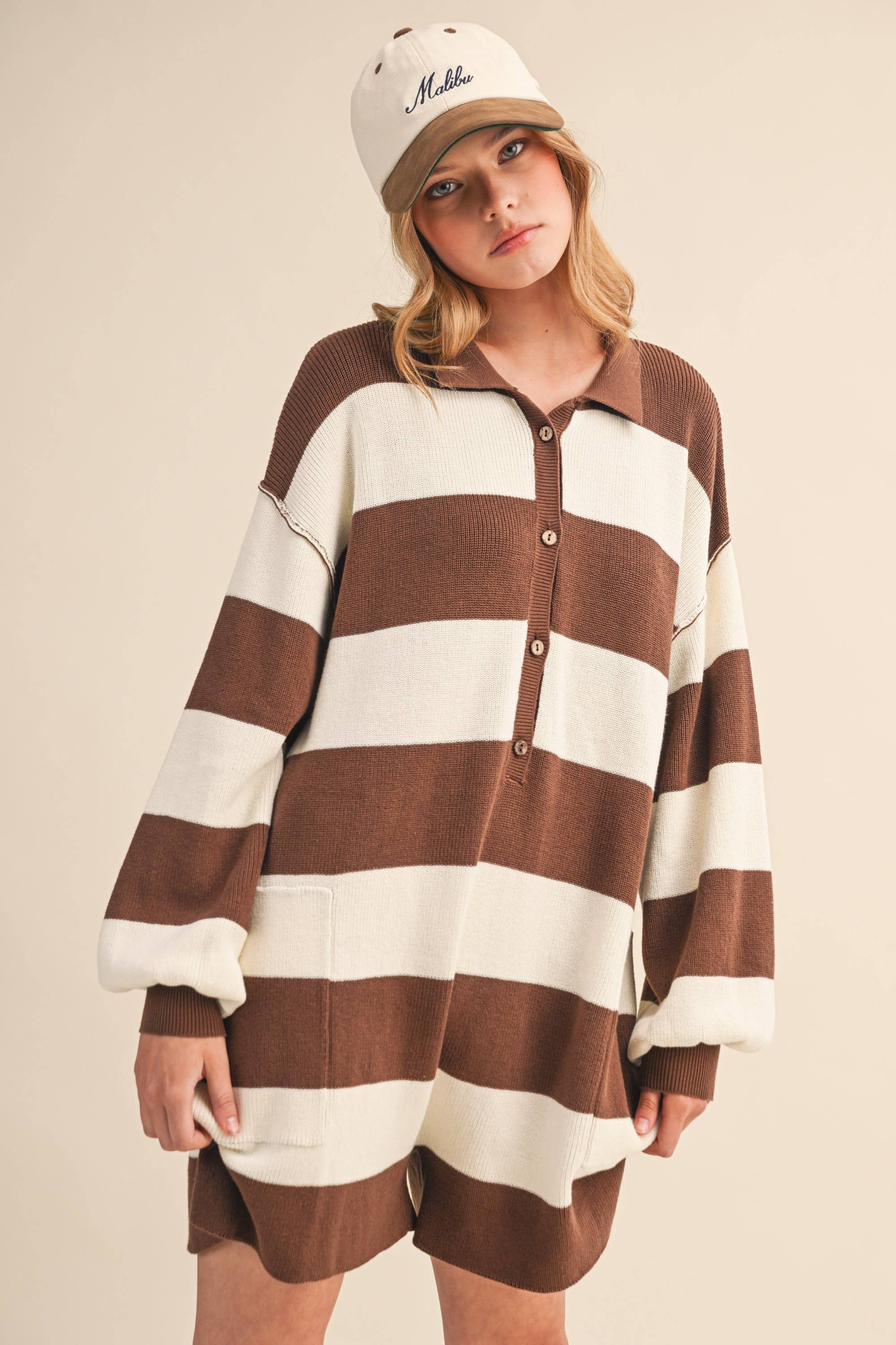 Klesis - Wholesale Romper - Women's - IR1506 LONG SLEEVE COLLARED STRIPED RELAXED FIT ROMPER1