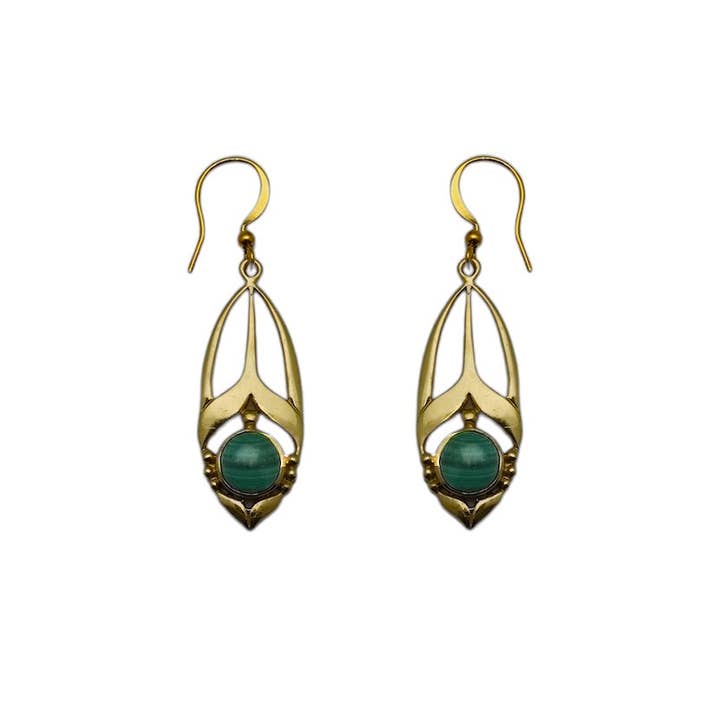 (BR116MA) Art Deco Malachite Drop Earrings for wholesale by Vera Wolf