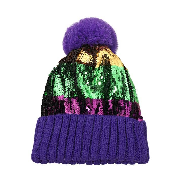Mardi Gras Sequin Pom Pom Winter Beanie Hat for wholesale by Madeline Love