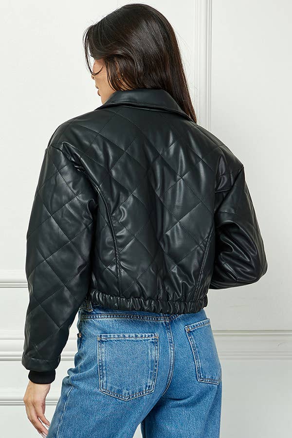 Negro Chaqueta corta de piel sintética con diseño acolchado de diamantes de venta al por mayor en Faire5