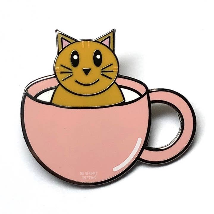 Orange Cat Teacup Enamel Pin for wholesale by Oh So Simple Creations