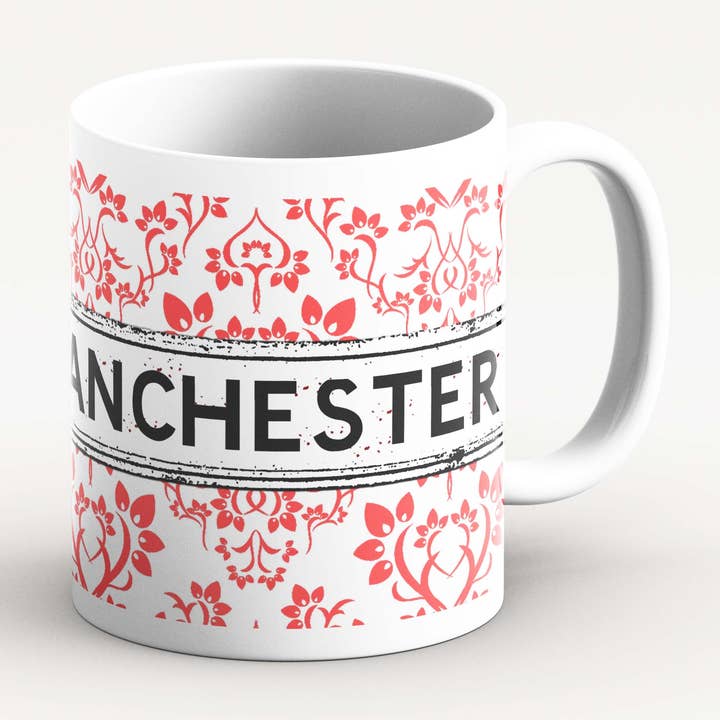 White and Red Damask Mug for wholesale by tinned snail