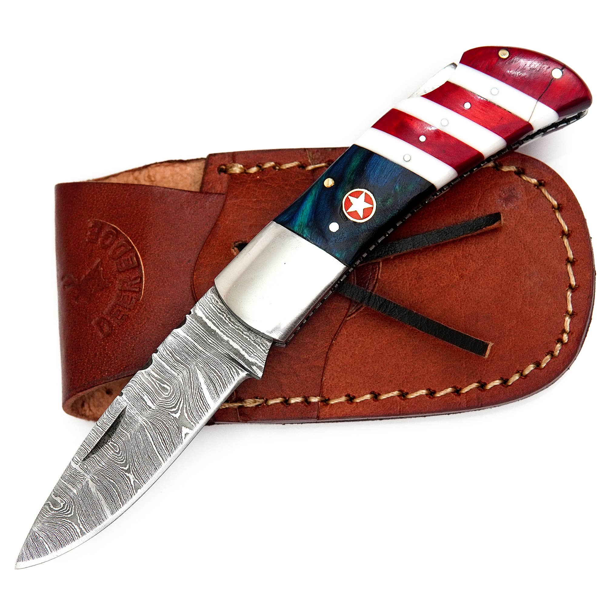 Deer Edge - Wholesale Pocket Knife/Holder - Damascus Folding Pocket Knife with Leather case2