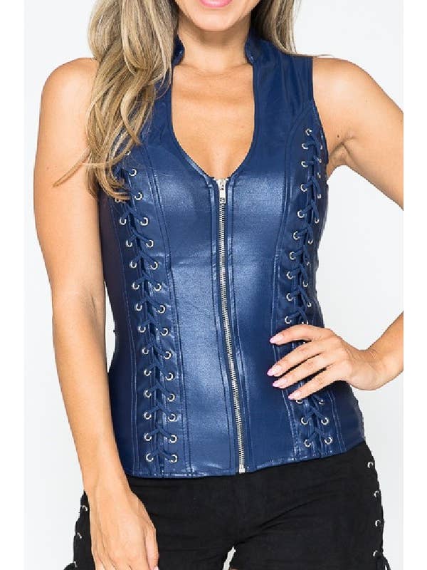 Lydia USA - Wholesale Blouse - Women's - Front Lace Up Back Cut Out Pleather Plus Top15