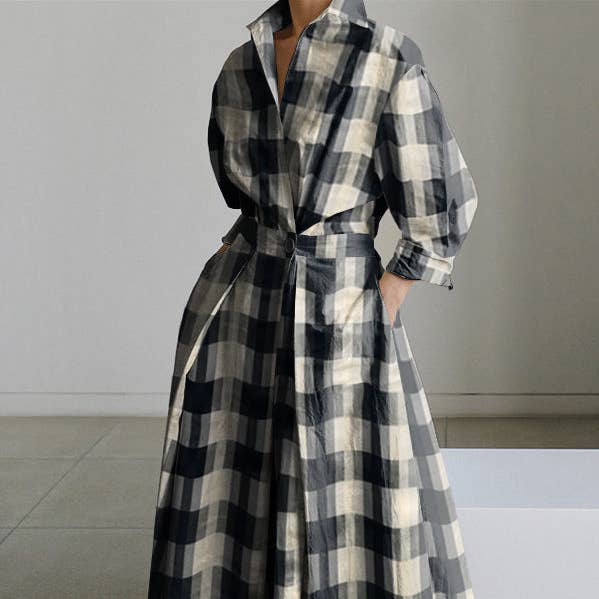 Urban Loose Long Sleeves Plaid Midi Dress Shirt Dress for wholesale by FurDecoration