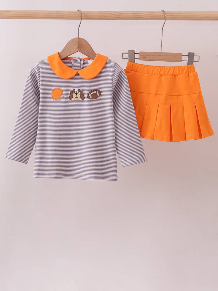 Conjunto de falda-pantalón con bordado de fútbol y rayas naranjas premium de Tennessee para venta al por mayor de Aspen Rain Boutique