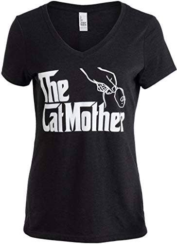 Geada negra T-shirt de Gola em V para Mulher "Catmother" Engraçada e Fofa. para venda a revendedores na Faire4