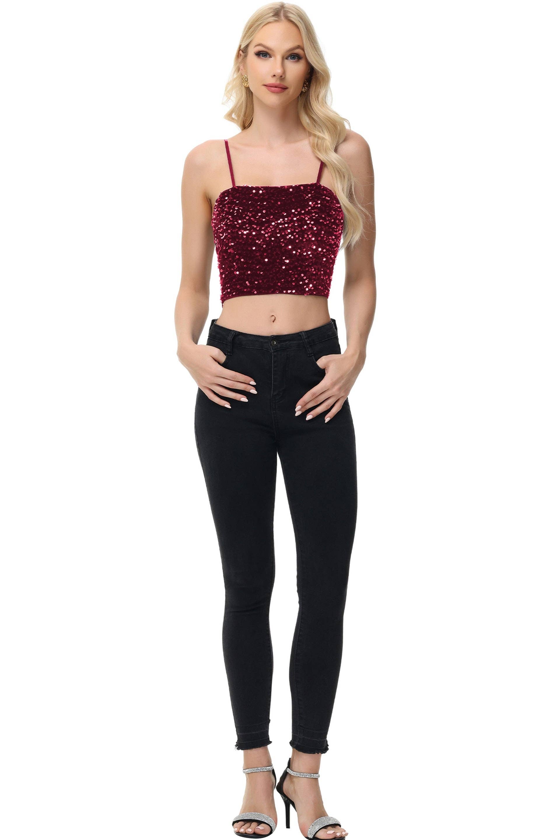 Anna Kaci Wholesale - Wholesale Camisole - Women's - Sparkly Sequin Cami Tops Crop Club Party Glitter Spaghetti16