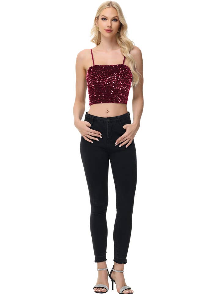 Anna Kaci Wholesale - Wholesale Camisole - Women's - Sparkly Sequin Cami Tops Crop Club Party Glitter Spaghetti16