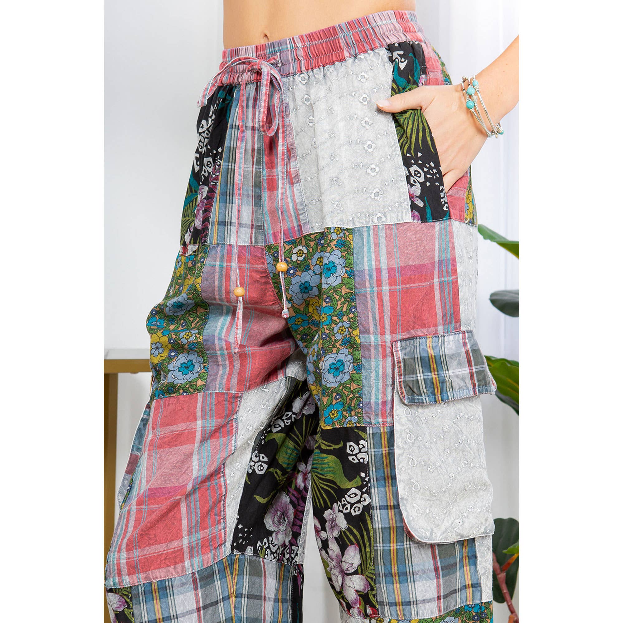 Young Threads - Wholesale Pants - Women's - Bohemian Patchwork Straight Pant Plaid & Schiffli Embroidery8