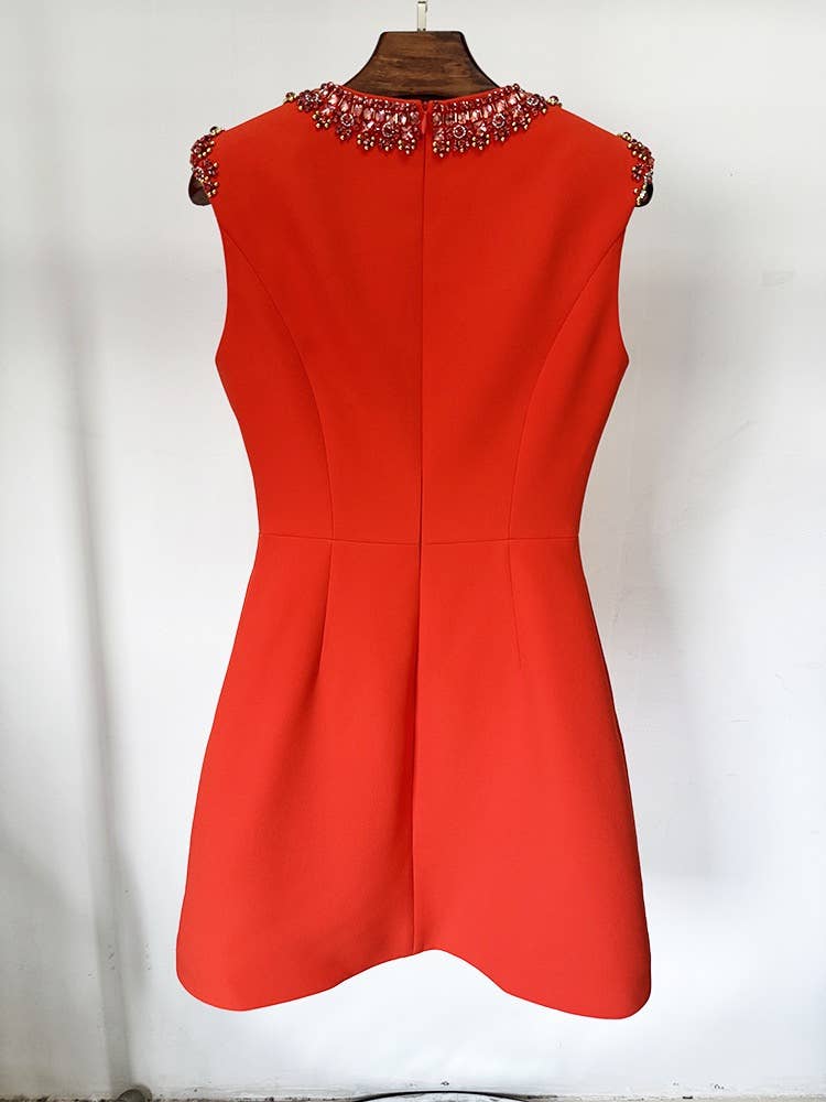 DR444Y Handmade Beaded Diamond Red Sleeveless Dress for wholesale on Faire2