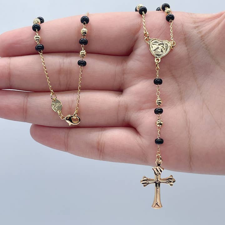 Milie Jewels – wholesale Bönehalsband – 18k guld fylld svart pärlstav mode radband med ängel och kors, trendiga