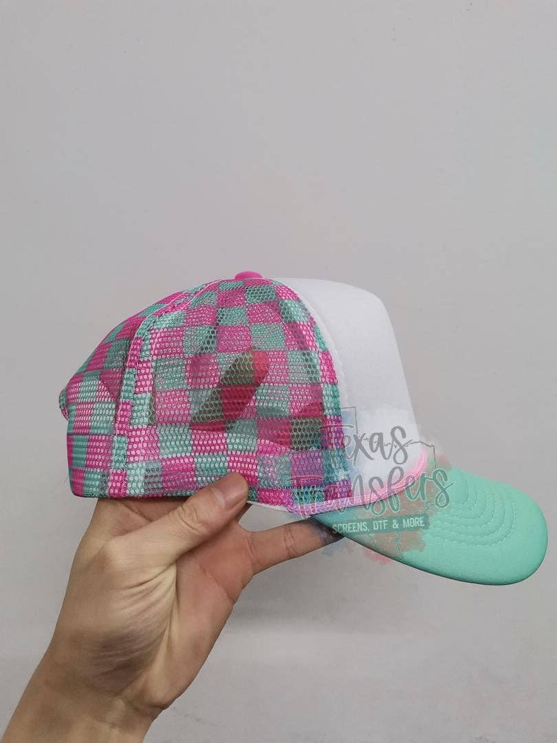 Texas Transfers - Wholesale Trucker Hat - Unisex - Pink/Green Checker Trucker Hat