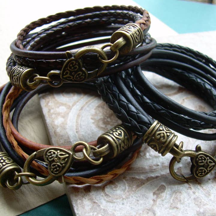 Womens Leather Bracelet, Five Strand, Double Wrap, Antique Bronze, Womens Bracelet, Womens Jewelry, Mothers Day Gift, Womens Gift, for wholesale by Urban Survival Gear USA