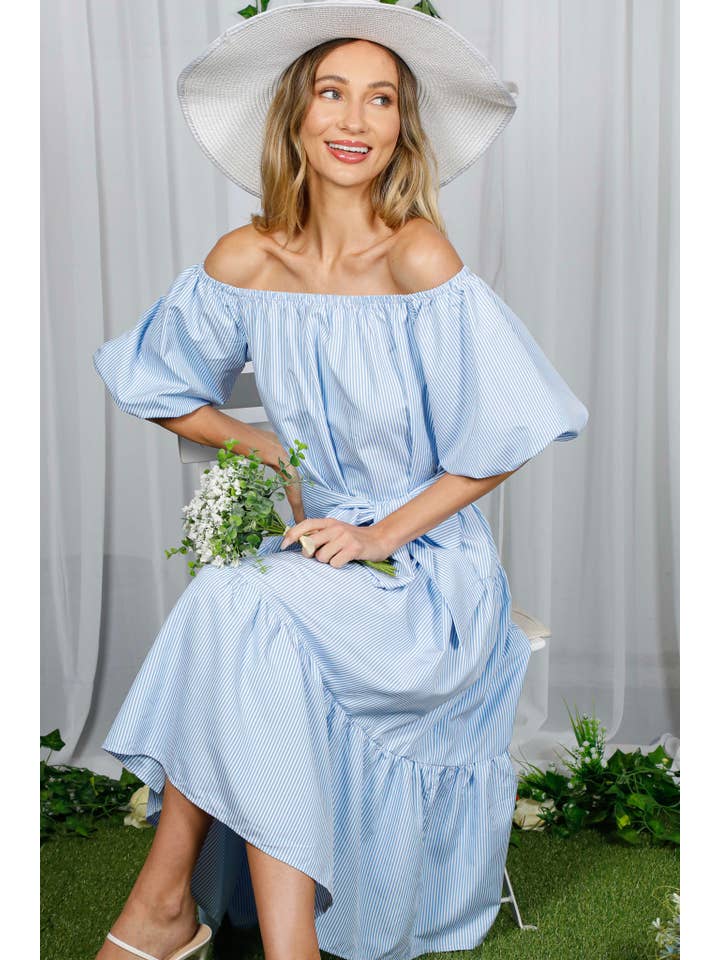 Vine & Love - Wholesale Dress - Women's - Off-The-Shoulder Tie Waistband Tiered Striped Dress  VD7029623
