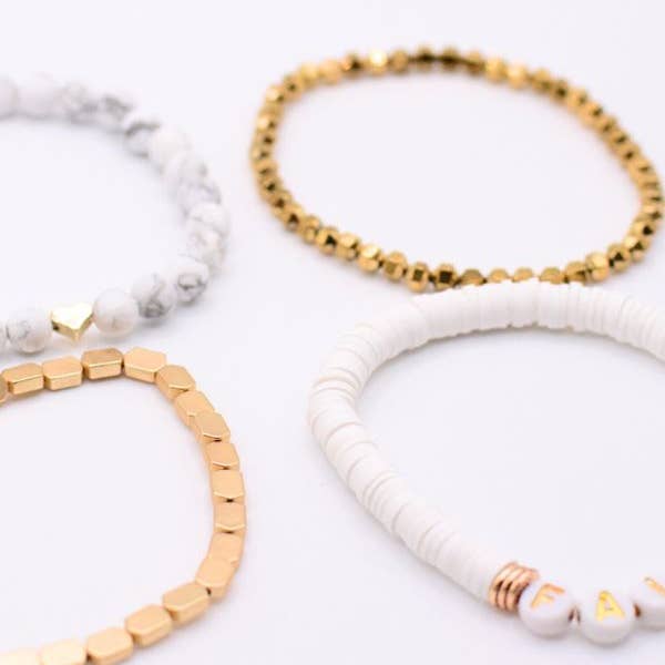 Two and Crew - Wholesale Jewelry Set - Faith Gold Beaded Stretch Bracelet Set Christian Jewelry