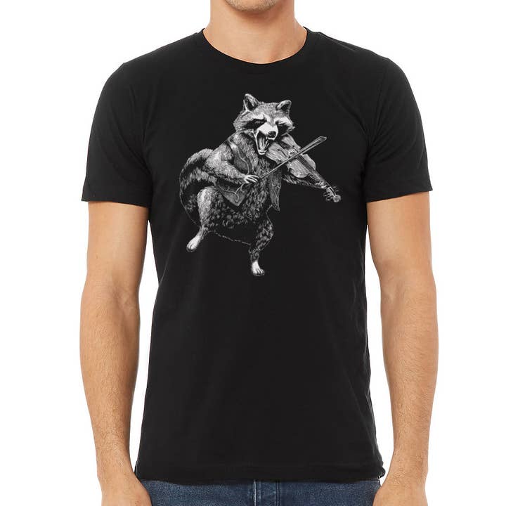 MISSION THREAD CLOTHING - Wholesale Screen Printed T-Shirt - Men's - Raccoon Playing Fiddle Shirt | Trash Panda Violin Player
