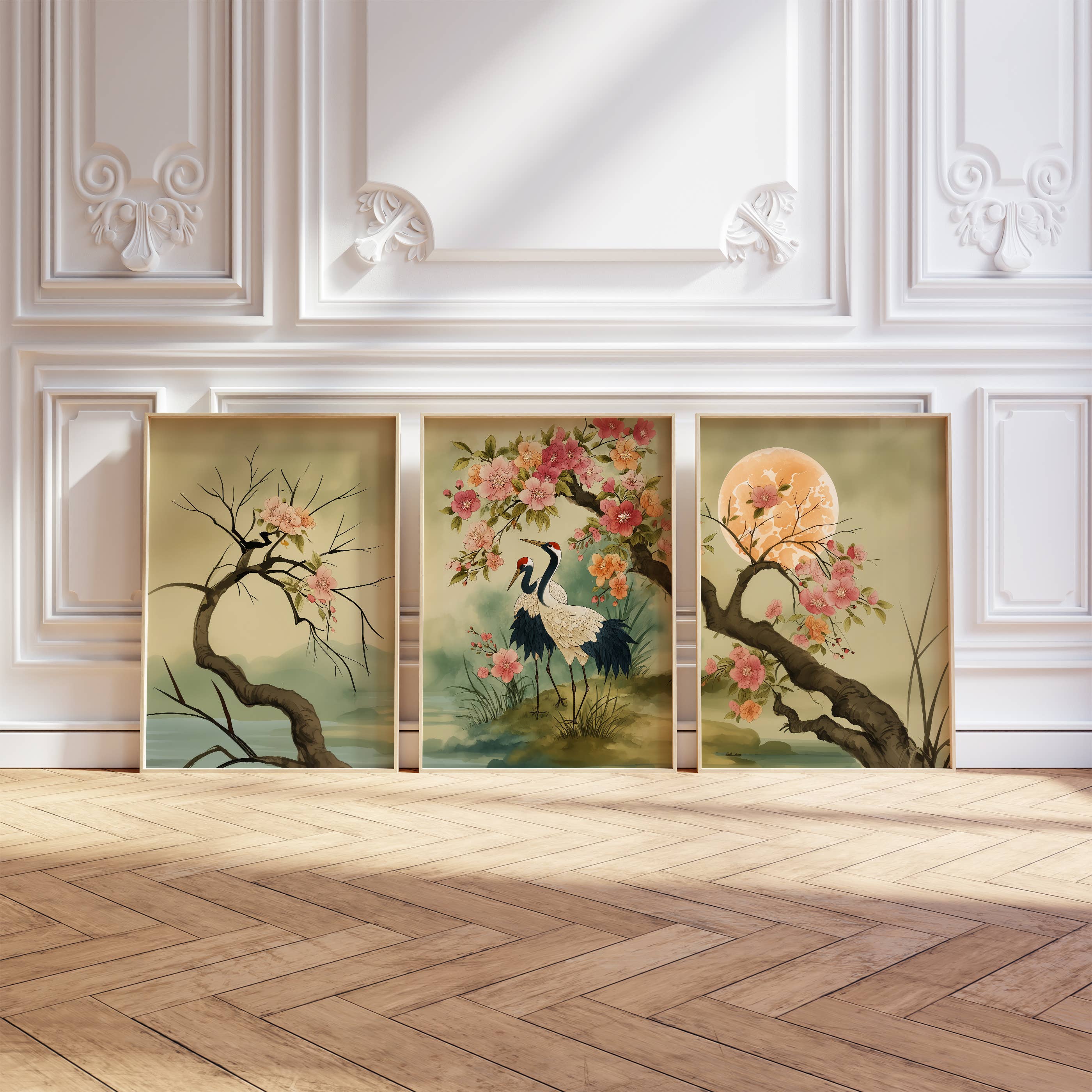 IuliiaArtPrints – wholesale Art print – Red-Crowned Cranes – Japanese Cherry Blossom Triptych Print0
