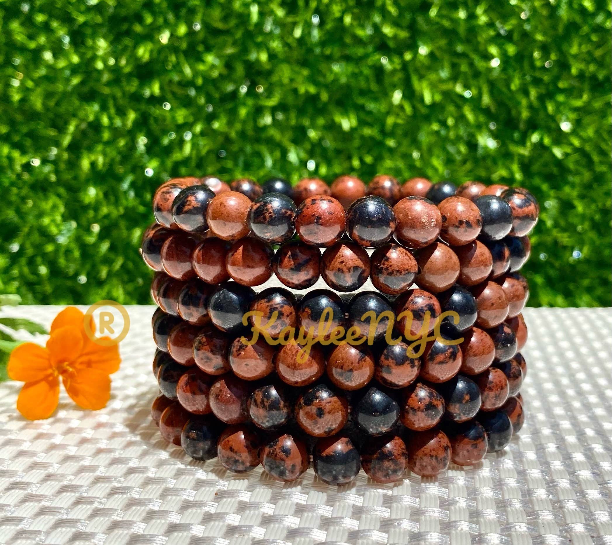 KayleeNYC - Wholesale Beaded Bracelet - Natural Mahogany Obsidian 8mm 7.5” Crystal H0