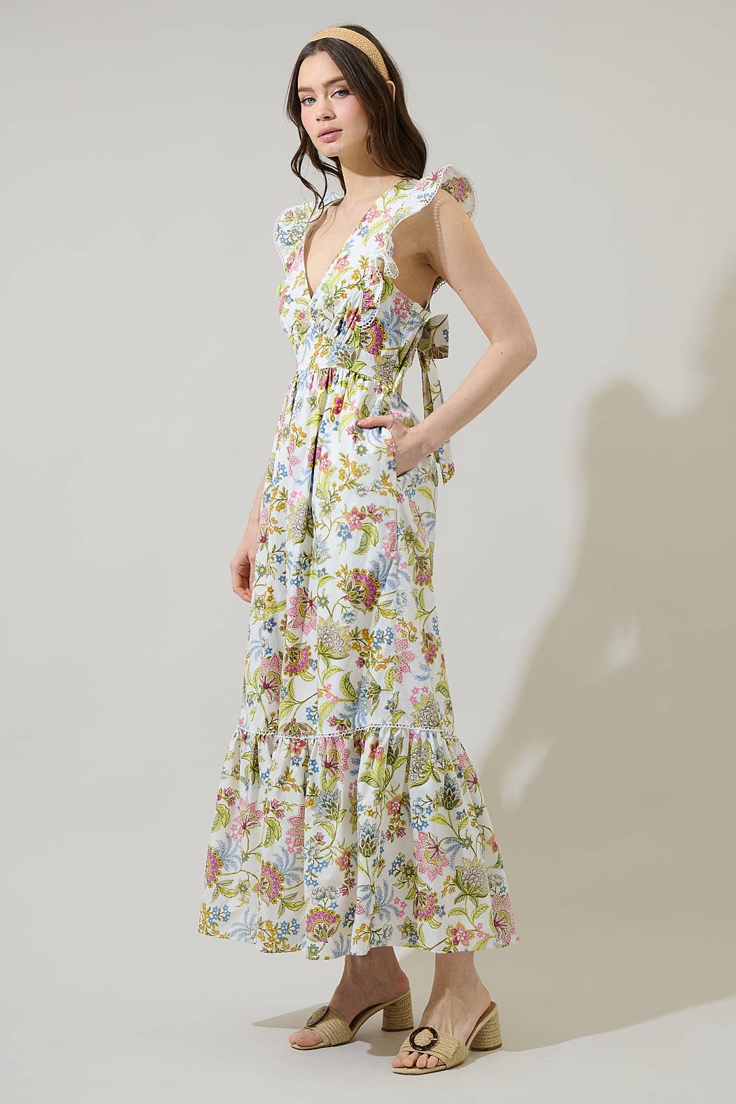 PINK GREEN BLUE Pany Floral Mawar Ruffle Maxi Dress for wholesale on Faire6