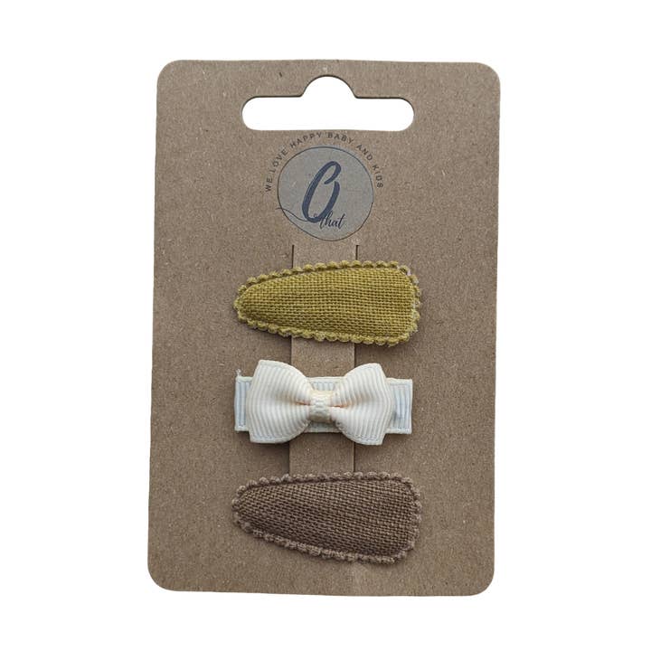 Mini pinces à cheveux pour bébé en gros-grain ocre/blanc/marron 3 pièces par carte pour la vente par Othat- We love happy baby & kids