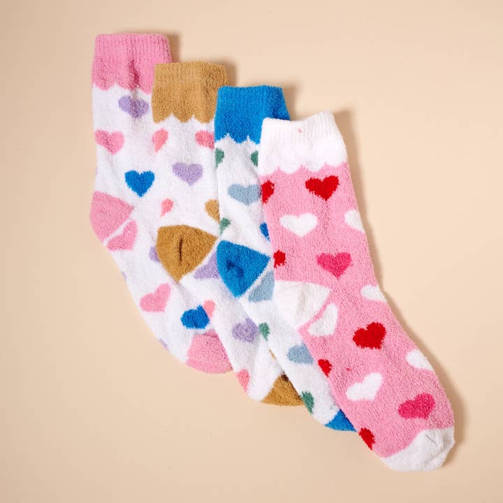 ASST Hearts Pattern Fuzzy Socks Assorted Pack of 4 for wholesale on Faire