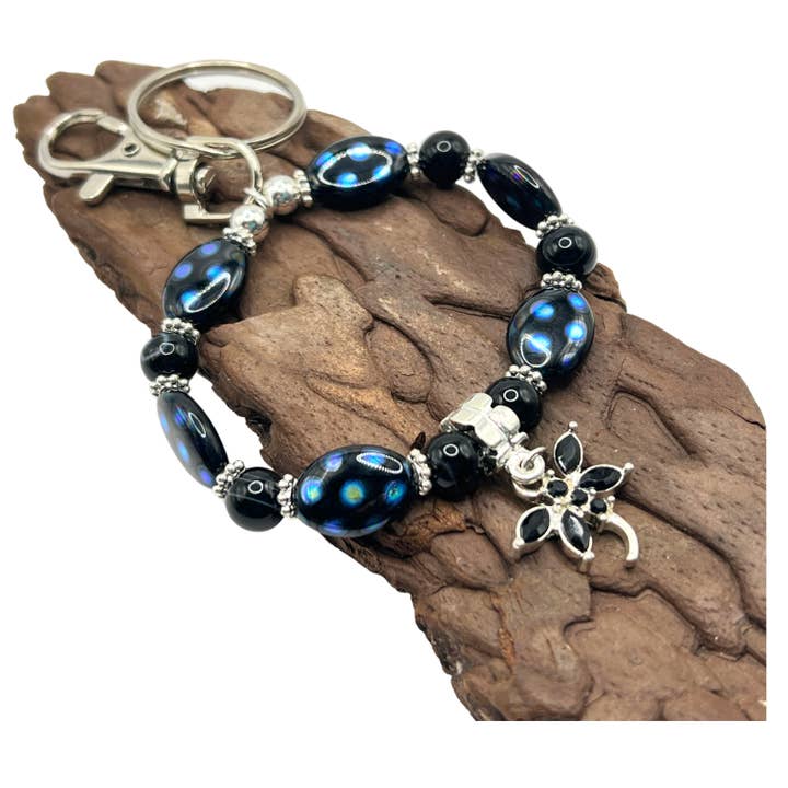 Dragonfly Keychain Bracelet with Black and Blue Polka Dot for wholesale by EarthlieTreasures