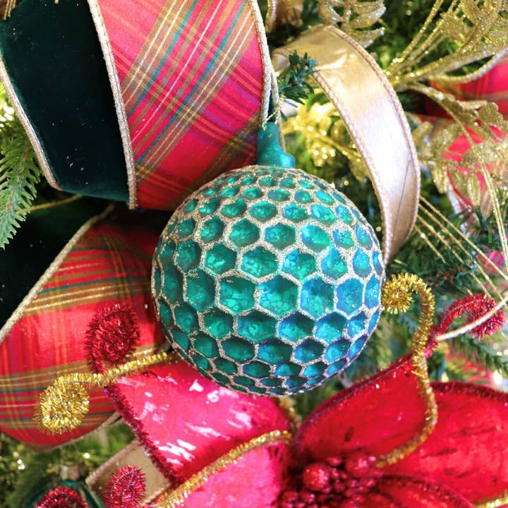 FancyFace Designs - Wholesale Ornament Set - Honeycomb Emerald Glass Ball Ornament - Set of 6