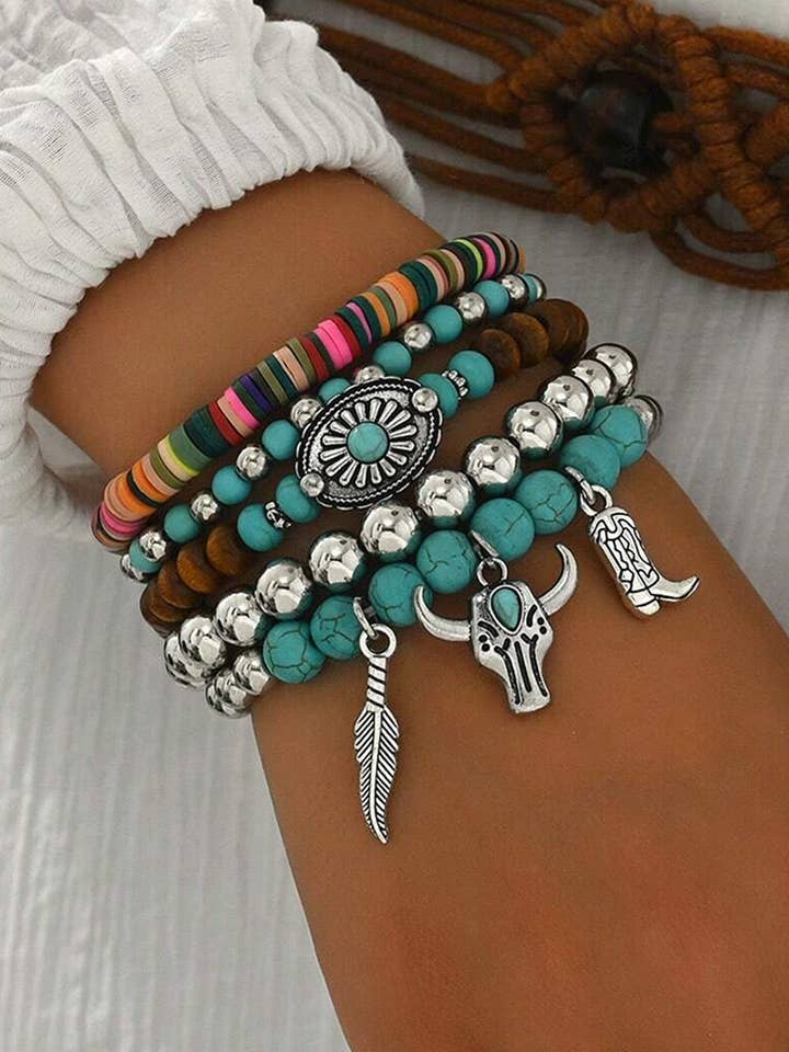 Western Pattern Turquoise Beaded Multi Layer Bracelet Set for wholesale by Aapparella
