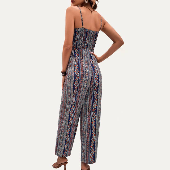 MULTI Bohemian Style Tie-Front Sleeveless Wide-Leg Jumpsuit for wholesale on Faire