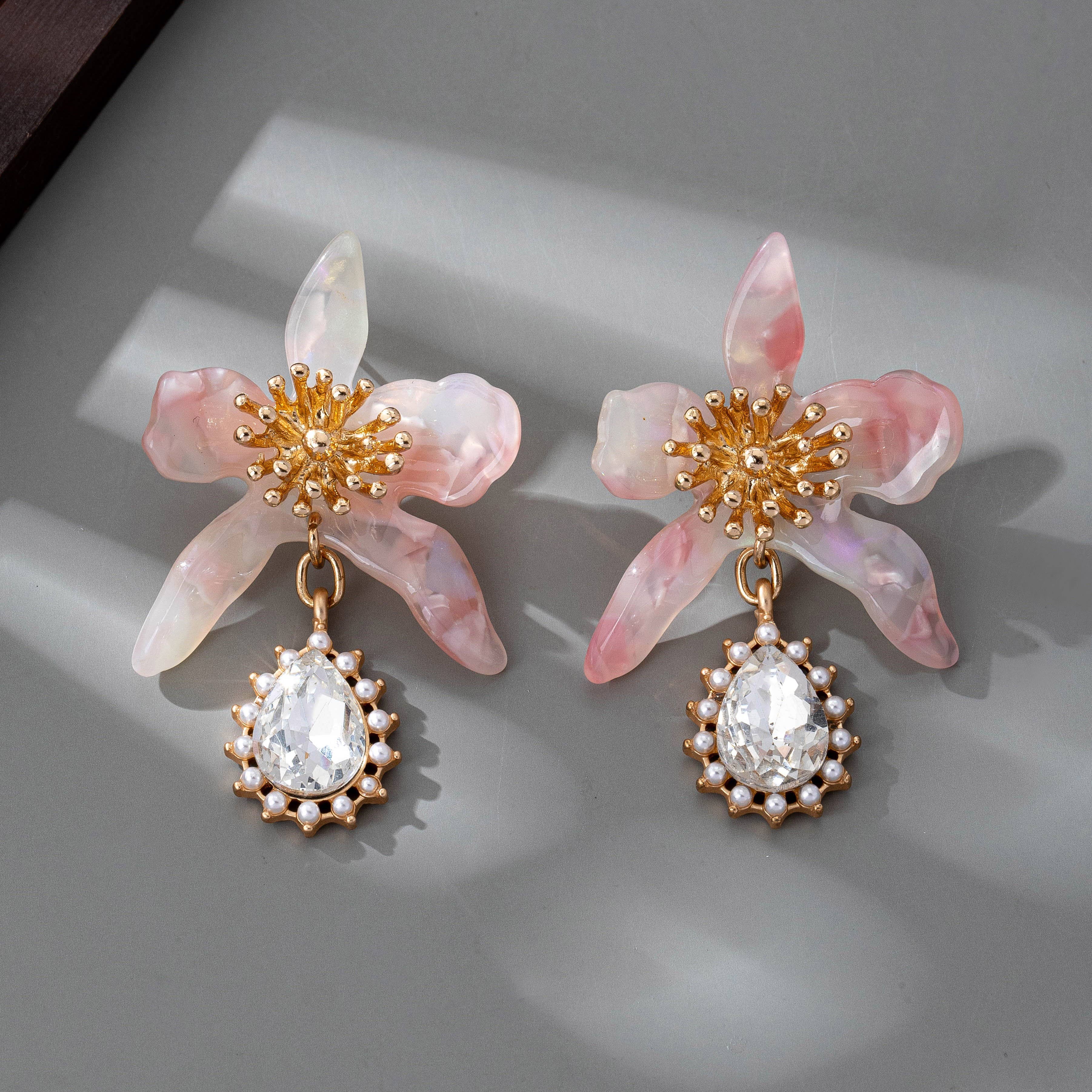 GOLD RHINESTEONE DROP FLORAL PINK TORT EARRINGS | 80E61428 for wholesale on Faire3