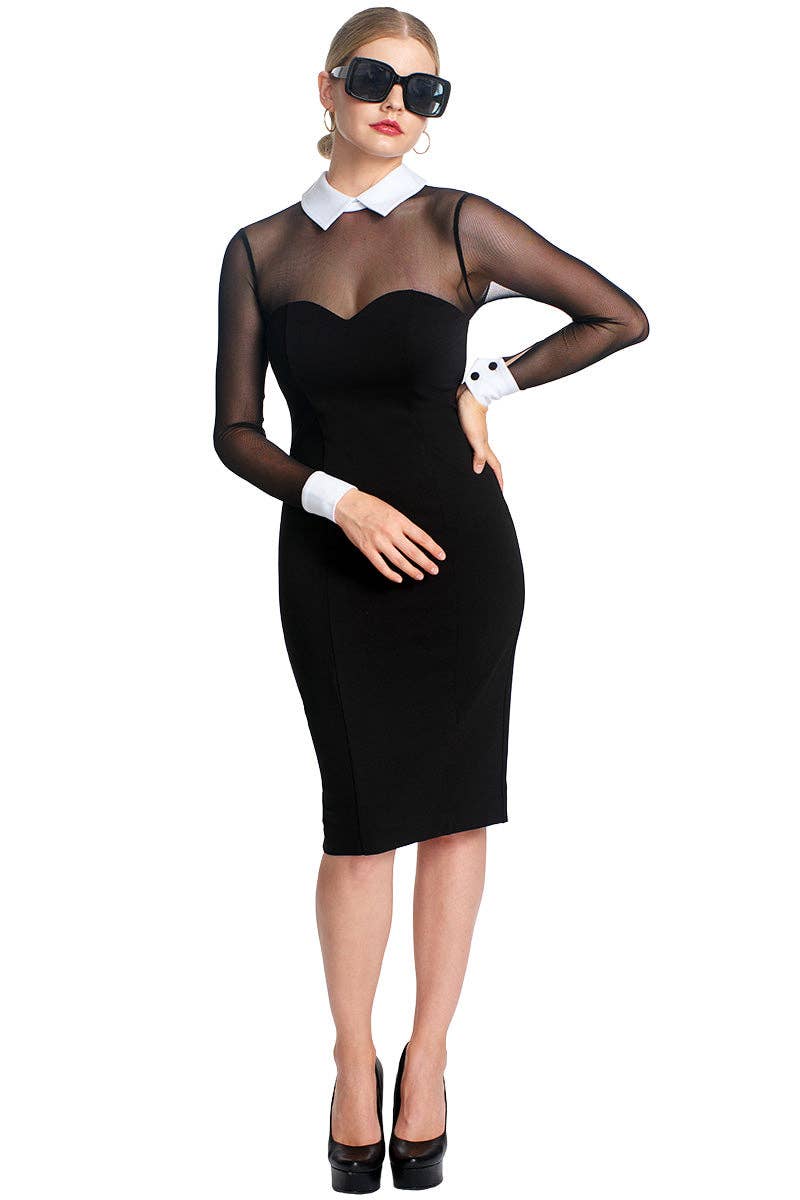 Tuxedo Illusion Dress - Black & white midi dress with mesh sleeves, contrast collar & cuffs for wholesale on Faire3
