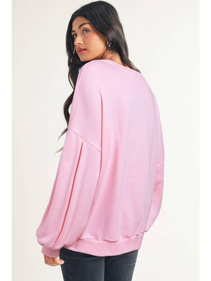 Little Daisy Closet - Wholesale Sweatshirt - Women's - LDC Bow Decor Lantern Sleeve Oversized Pullover Sweatshirt