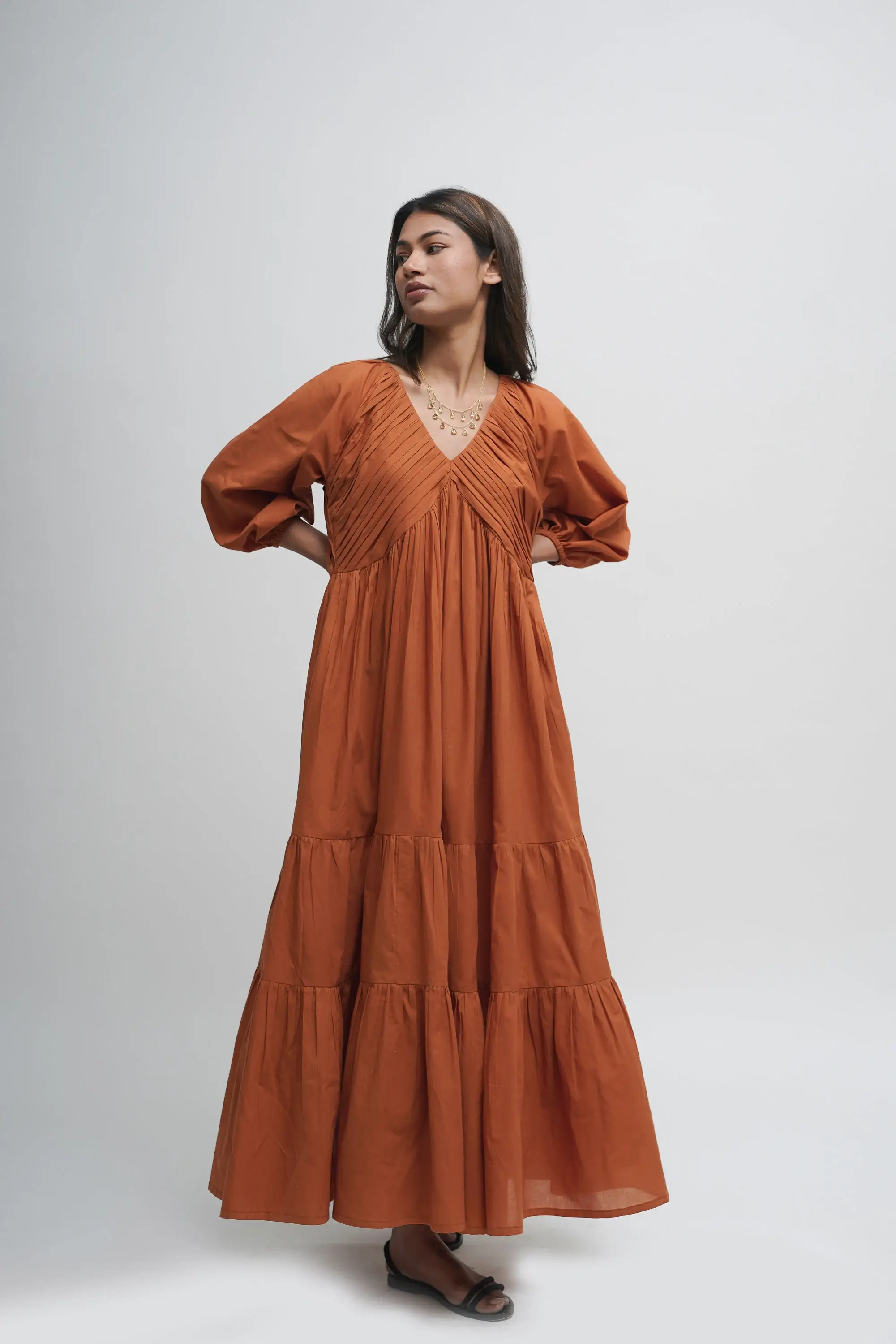 Tailor Didi - Wholesale Dress - Women's - Organic Cotton Pleated Maxi Dress with Pockets, Boho Tunic7