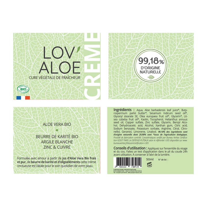 Propos'Nature - Wholesale Facial moisturiser - Creme Lov'aloe Organic - Aloe Vera - Moisturizing - 50 ml, 100 ml7