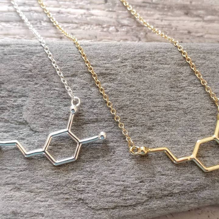 Piccadilly Pendants – wholesale Hänge-/berlockhalsband – Dopaminmolekyl halsband, silver eller guld, vetenskap smycken