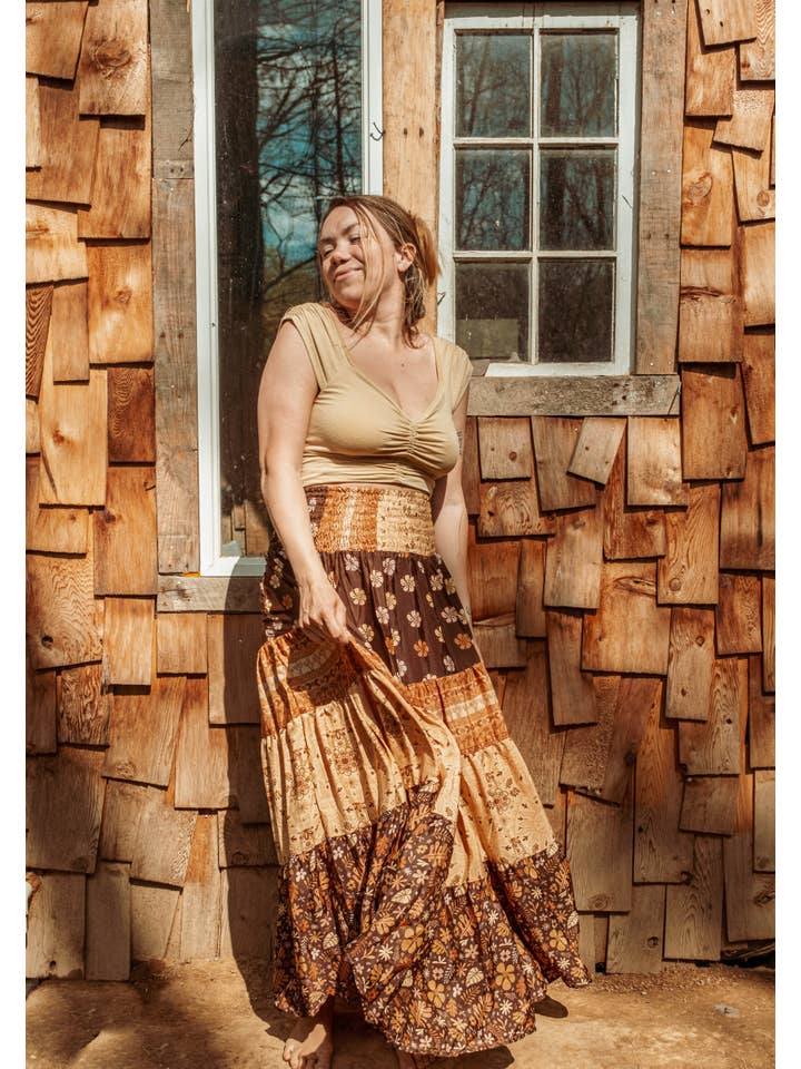 Gardenbelle Shop - Wholesale Skirt - Women's - Bohemian Earthy Print Tiered Maxi Skirt, Hippie Boho Dress