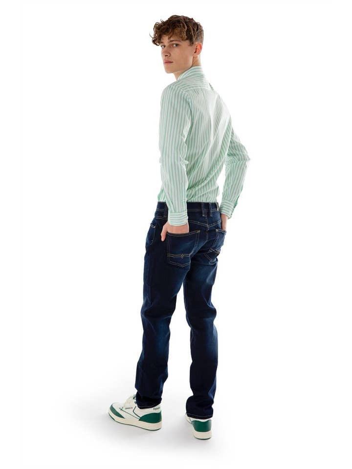 Mens Long Sleeve Shirts Slim-Fit Striped Top - White & Green for wholesale on Faire