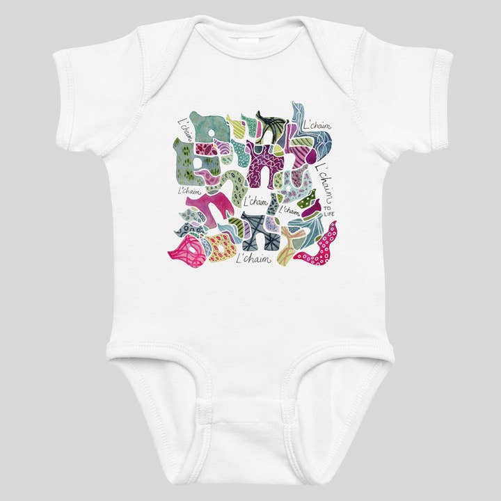 "L'chaim To Life" Short-Sleeve Infant Onesie | Baby Bodysuit for wholesale by Dina Judaica
