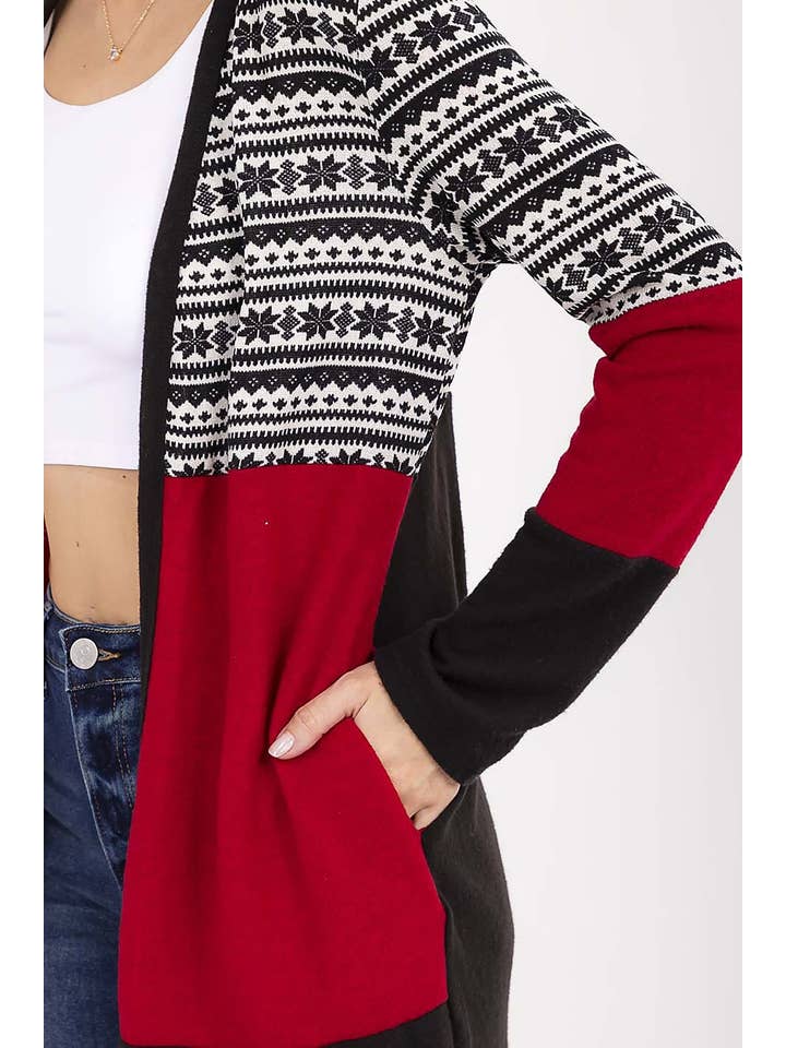 BLACK RED SNOW FLAKE PRINT CONTRAST COLORBLOCK OPEN CARDIGAN for wholesale on Faire5
