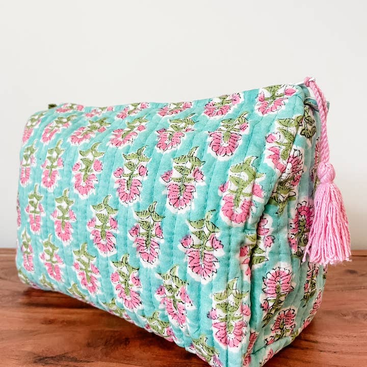 Kalyana Textiles - Wholesale Makeup/Cosmetic Bag - Aqua Bloom Block Print Pouch