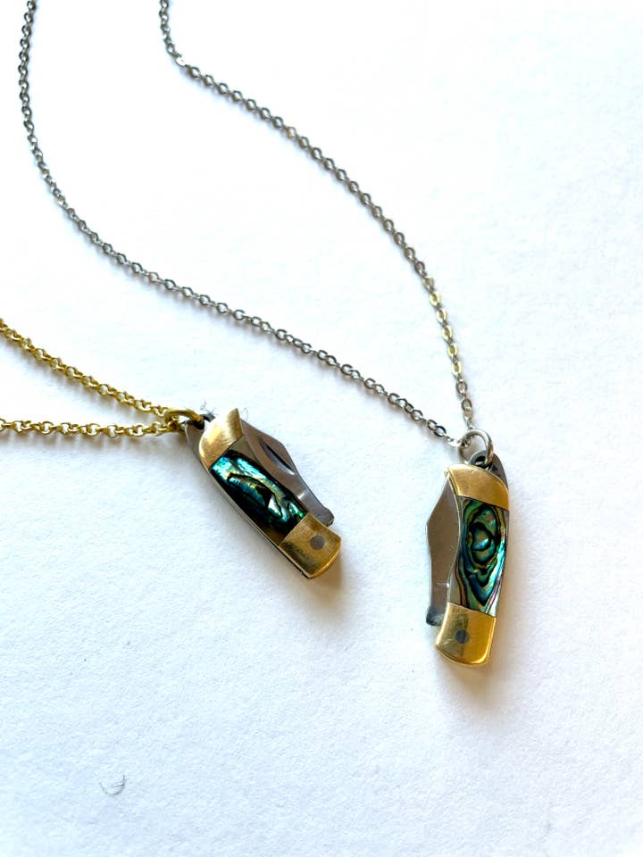 Tiny Pocket Knife Necklace Brass or Silver Plated Chain for wholesale by Indie South