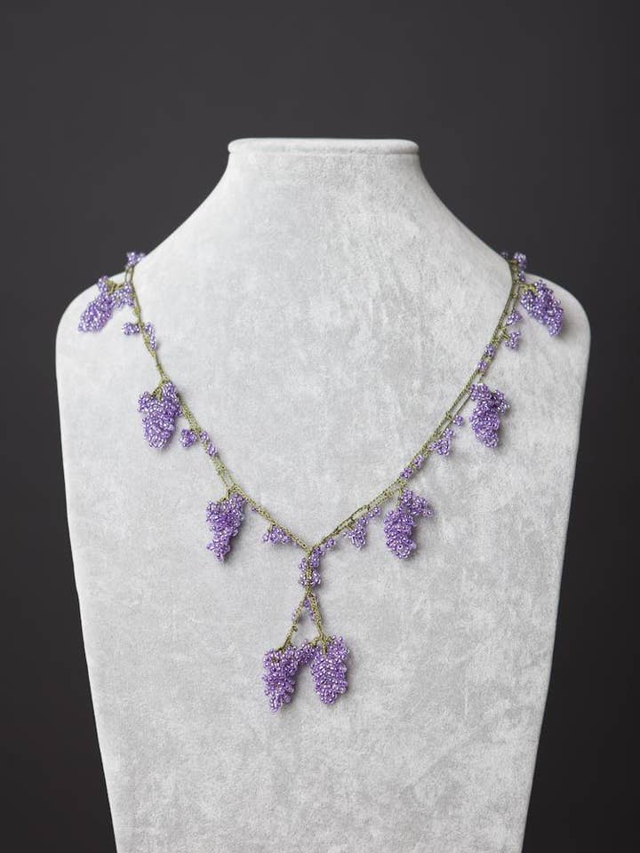 Beaded Necklace with Grape Motif - Lavender for wholesale by Meredith Strauss
