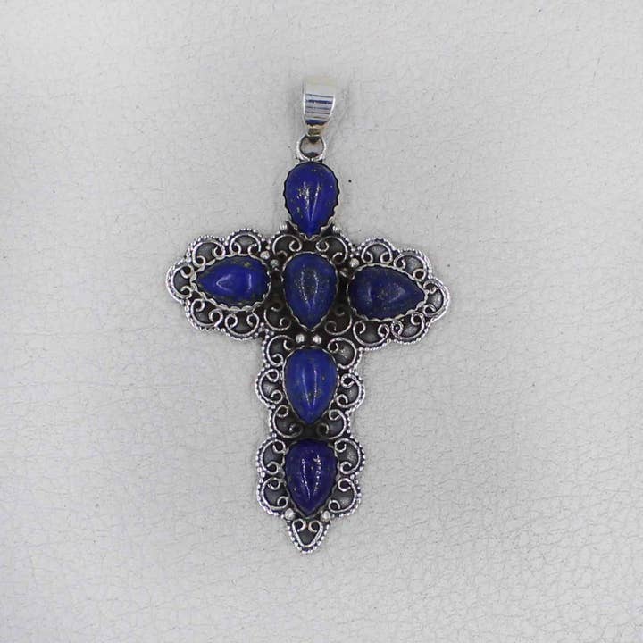 Vintage Lapis Lazuli Silver Cross Pendant for wholesale by Silvex Jewelry